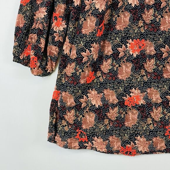 Zara Trafaluc Brown Black Dot Floral Stitch Long Sleeve‎ Blouse Top Womens Small - Picture 3 of 8